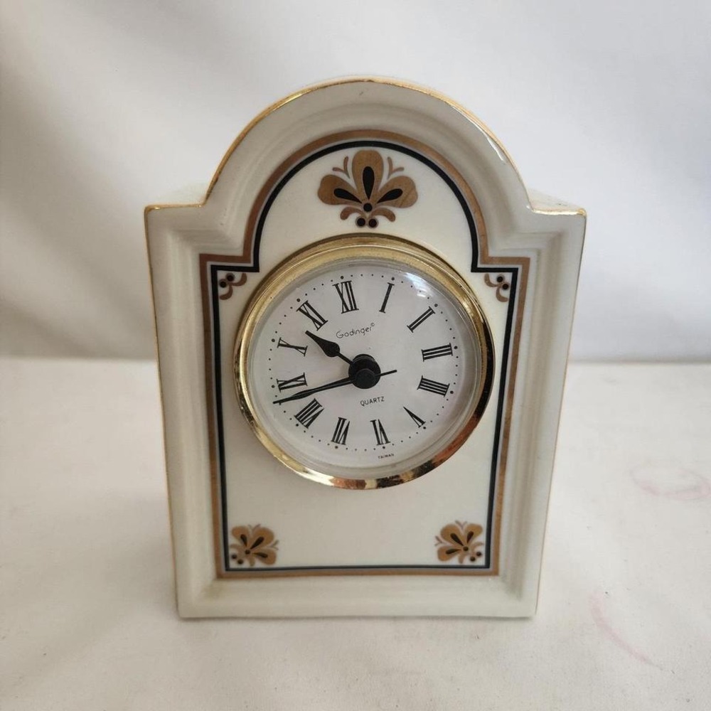 Vintage Godinger Quartz Mantle Clock Floral Brown Ivory 6"